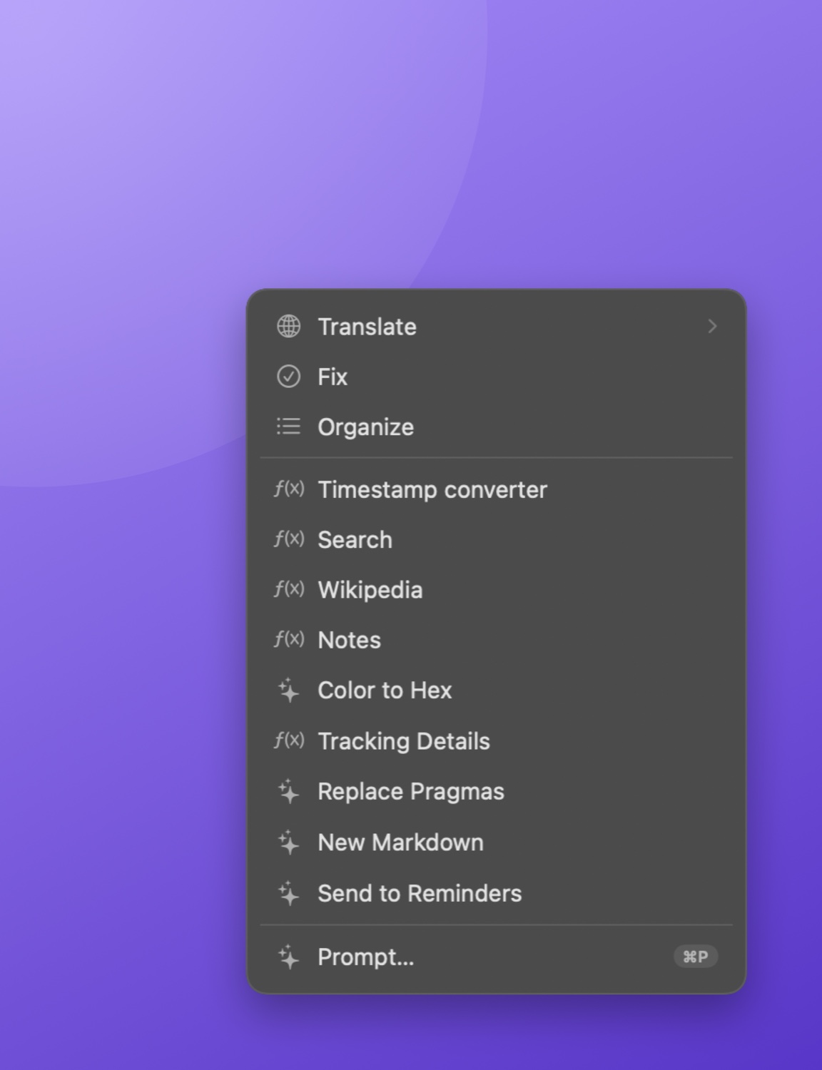 Pickclip's copy popup showing built-in actions Translate, Fix, and Organize, plus custom actions and a Prompt option.