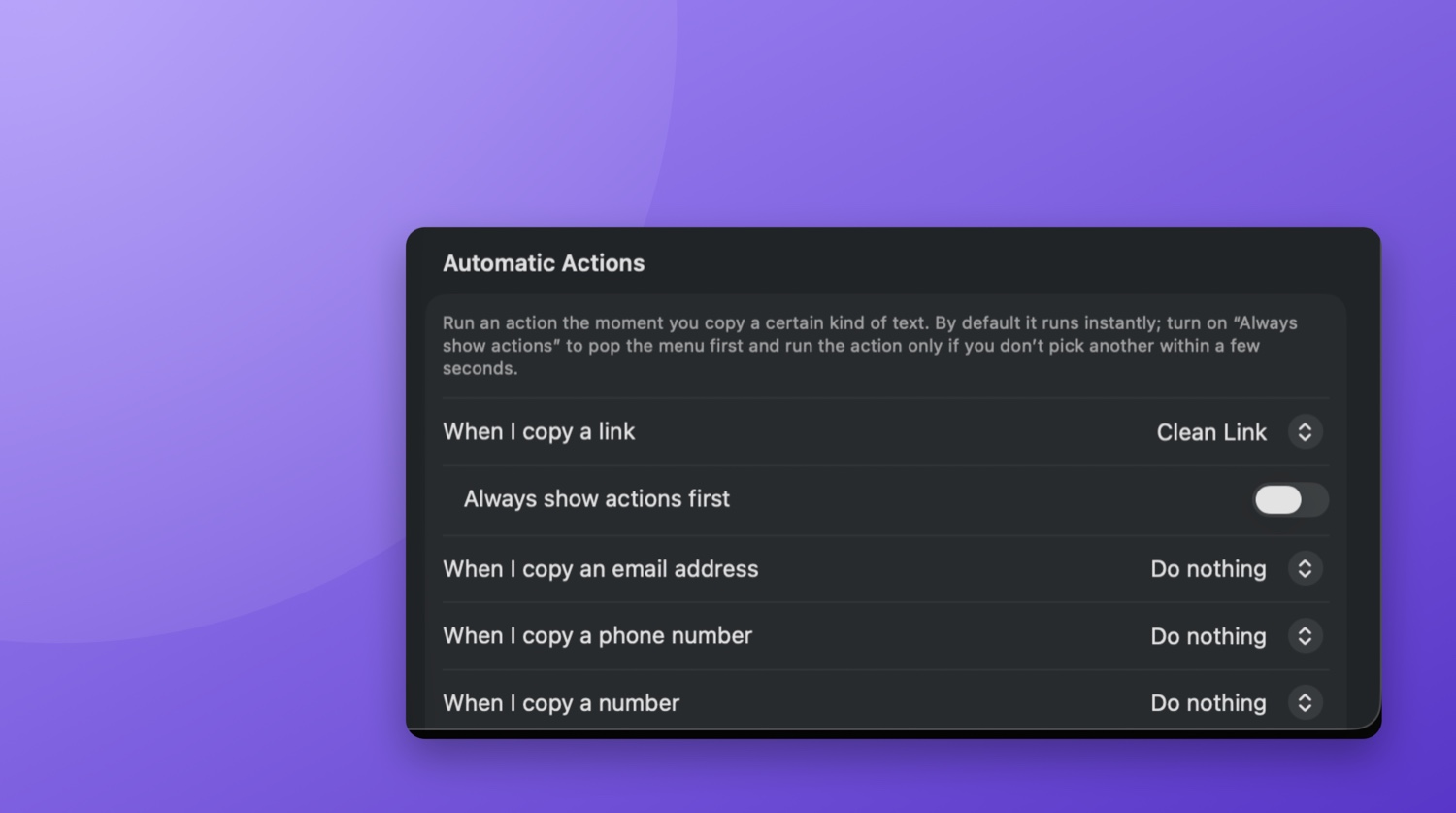 Pickclip Settings showing Automatic Actions: when you copy a link, run Clean Link; with rules for email, phone number, and more.
