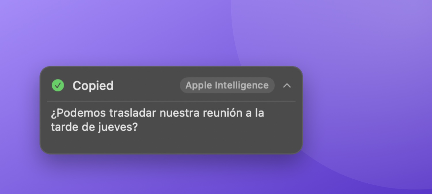 Pickclip's popup showing a finished translation, marked Copied and ready to paste.