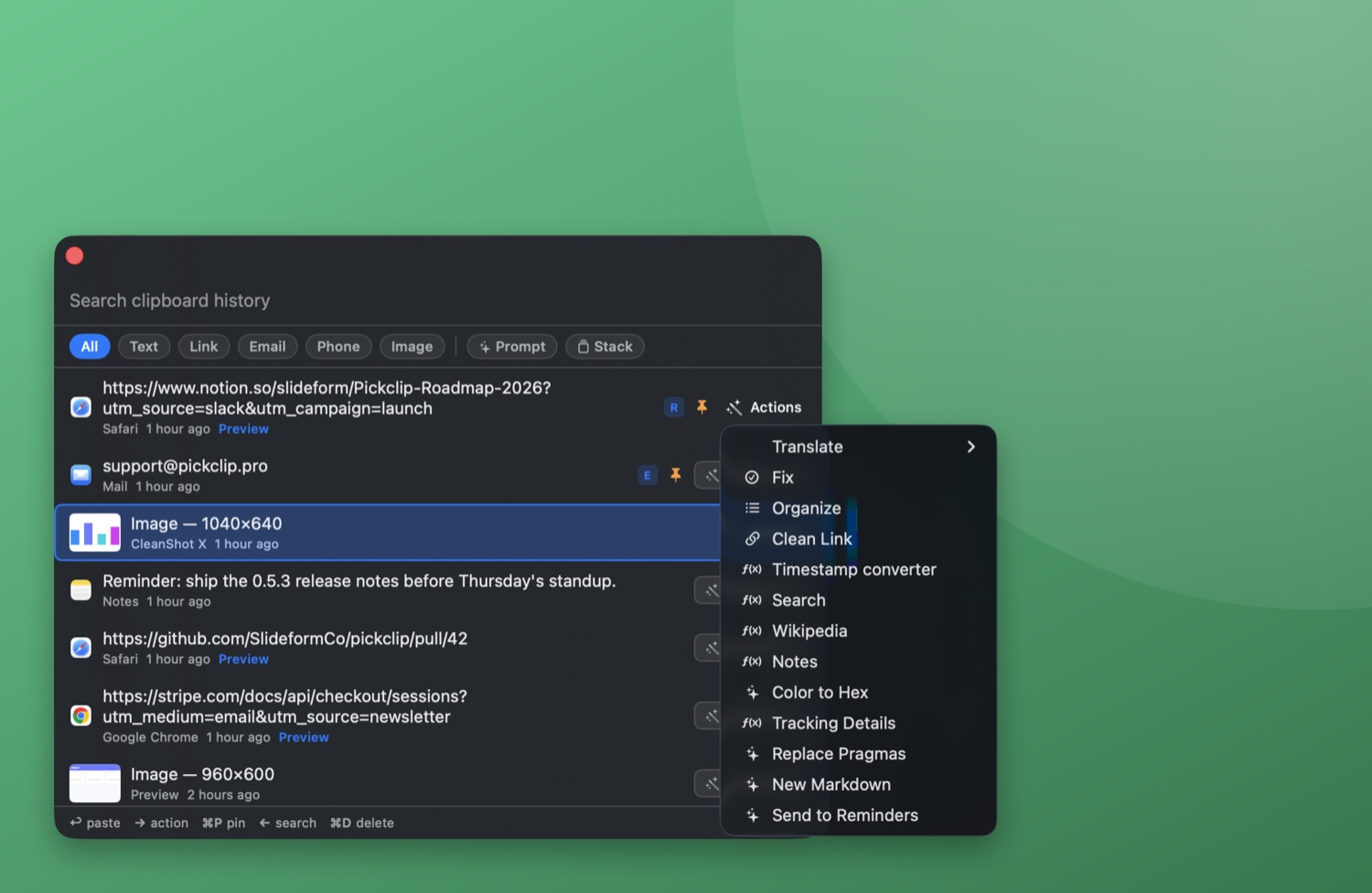 A link in Pickclip's history window with its actions menu open — Translate, Fix, Organize, Clean Link, and custom actions.