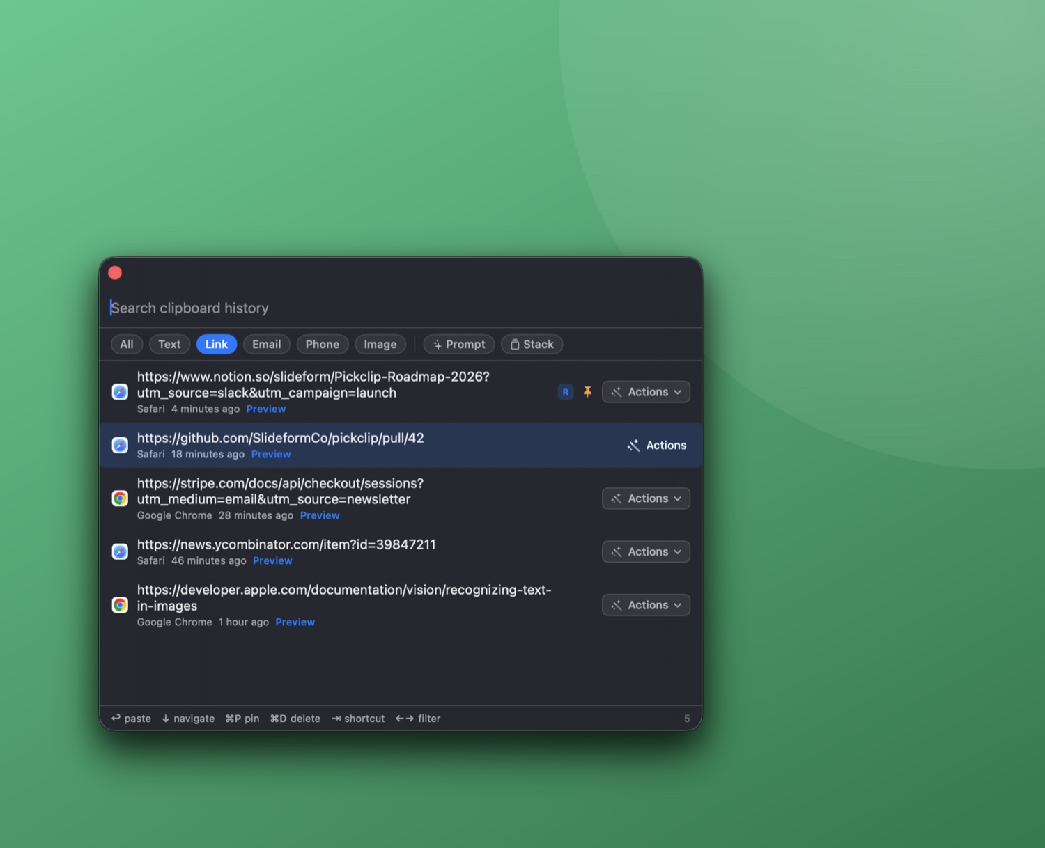 Pickclip's clipboard history window with a search field, type-filter chips (All, Text, Link, Email, Phone, Image), and recent clips with timestamps — filtered to just Links.
