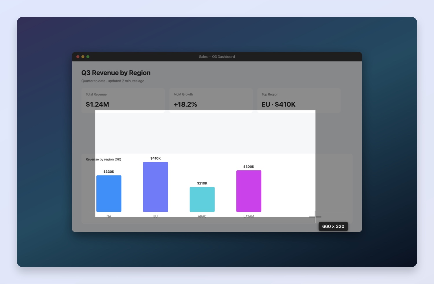The macOS screenshot crosshair mid-drag, selecting a region of the screen, with the live dimension badge showing.