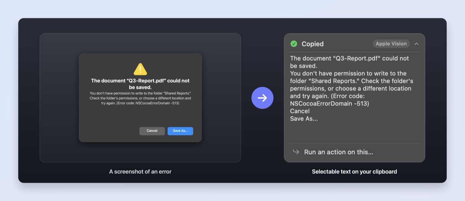 Before and after: a macOS error dialog screenshot on the left, and Pickclip's popup showing the same text extracted and ready to paste on the right.