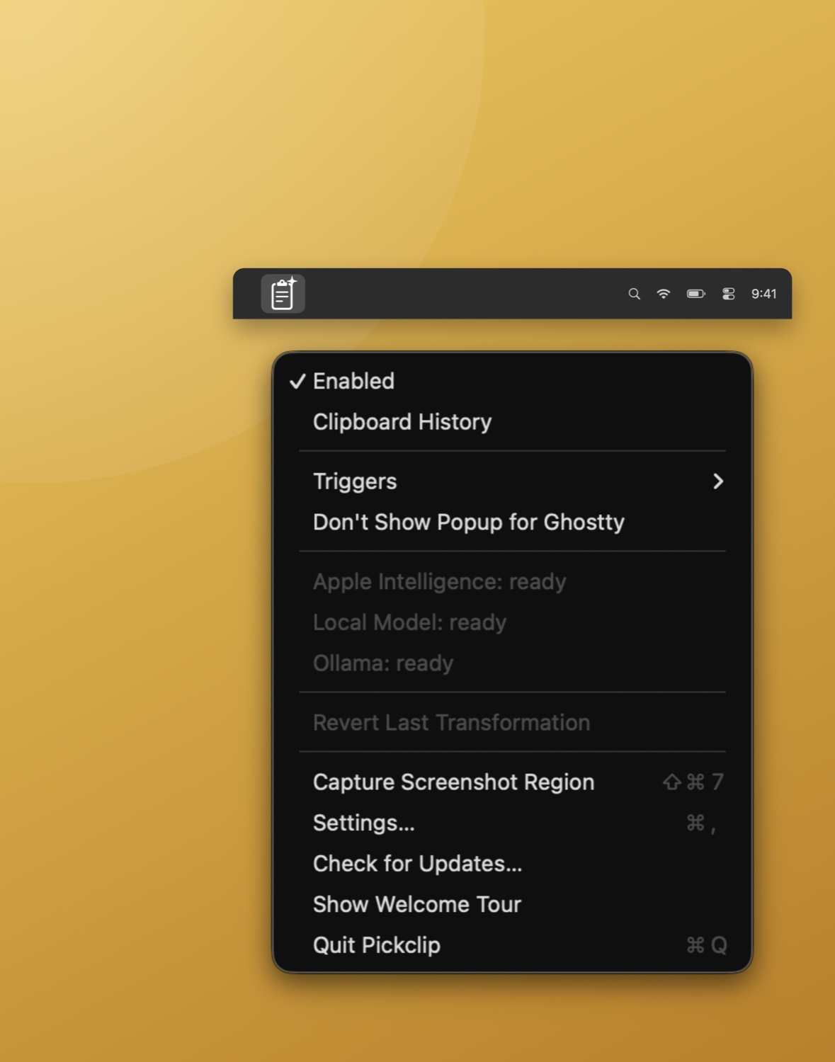 The Pickclip icon in the Mac menu bar with its dropdown menu open, showing Clipboard History, Triggers, Capture Screenshot Region, and Settings.